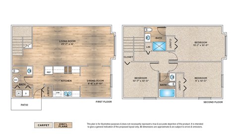 Floor plan for 3 beds, 2.5 baths, 1390 sqft